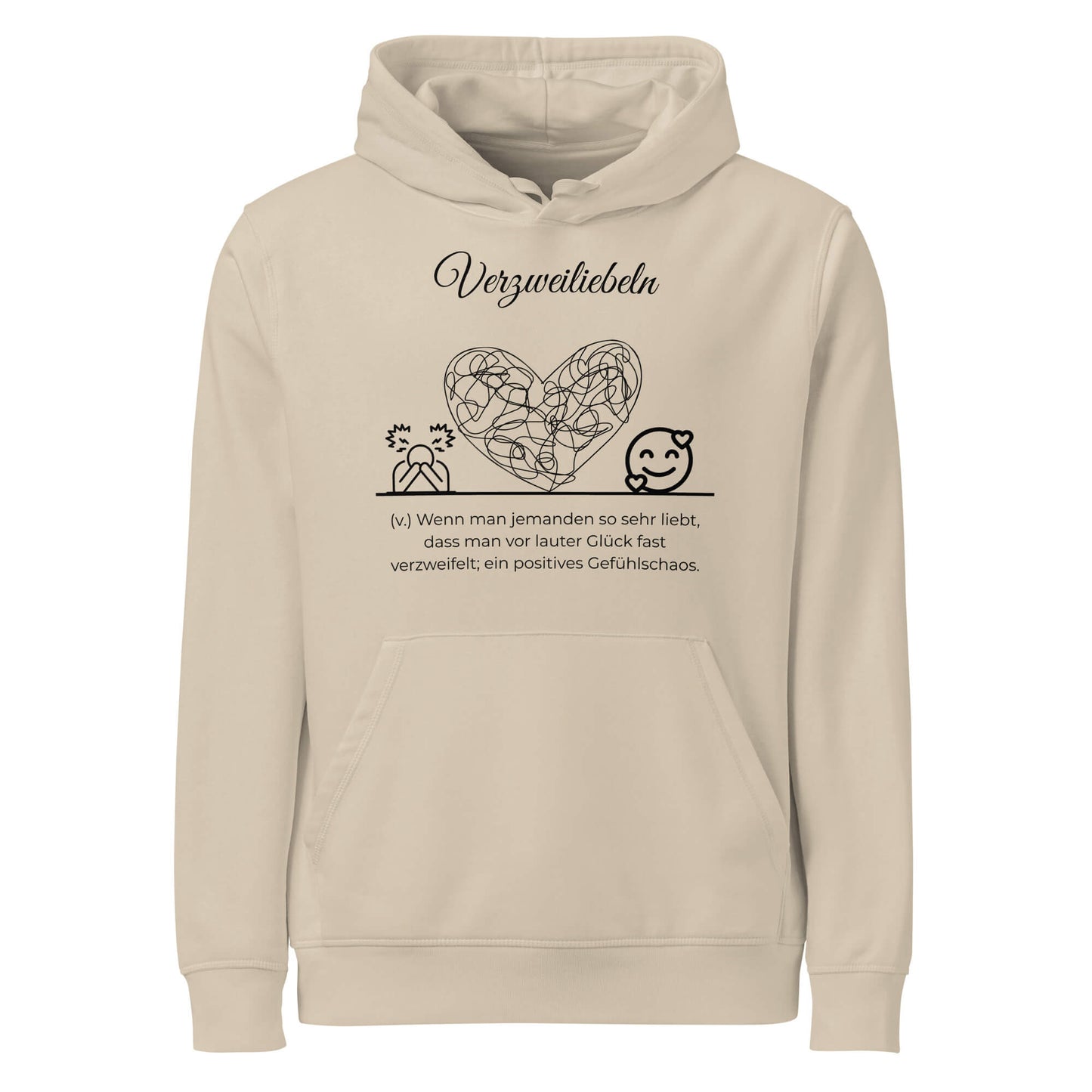 Hoodie mit Spruch - Verzweiliebeln Kapuzenpullover in Desert Dust aus Bio-Baumwolle - Res5 Edition - Frontansicht mit schwarzem Print