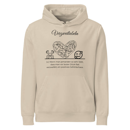 Hoodie mit Spruch - Verzweiliebeln Kapuzenpullover in Desert Dust aus Bio-Baumwolle - Res5 Edition - Frontansicht mit schwarzem Print