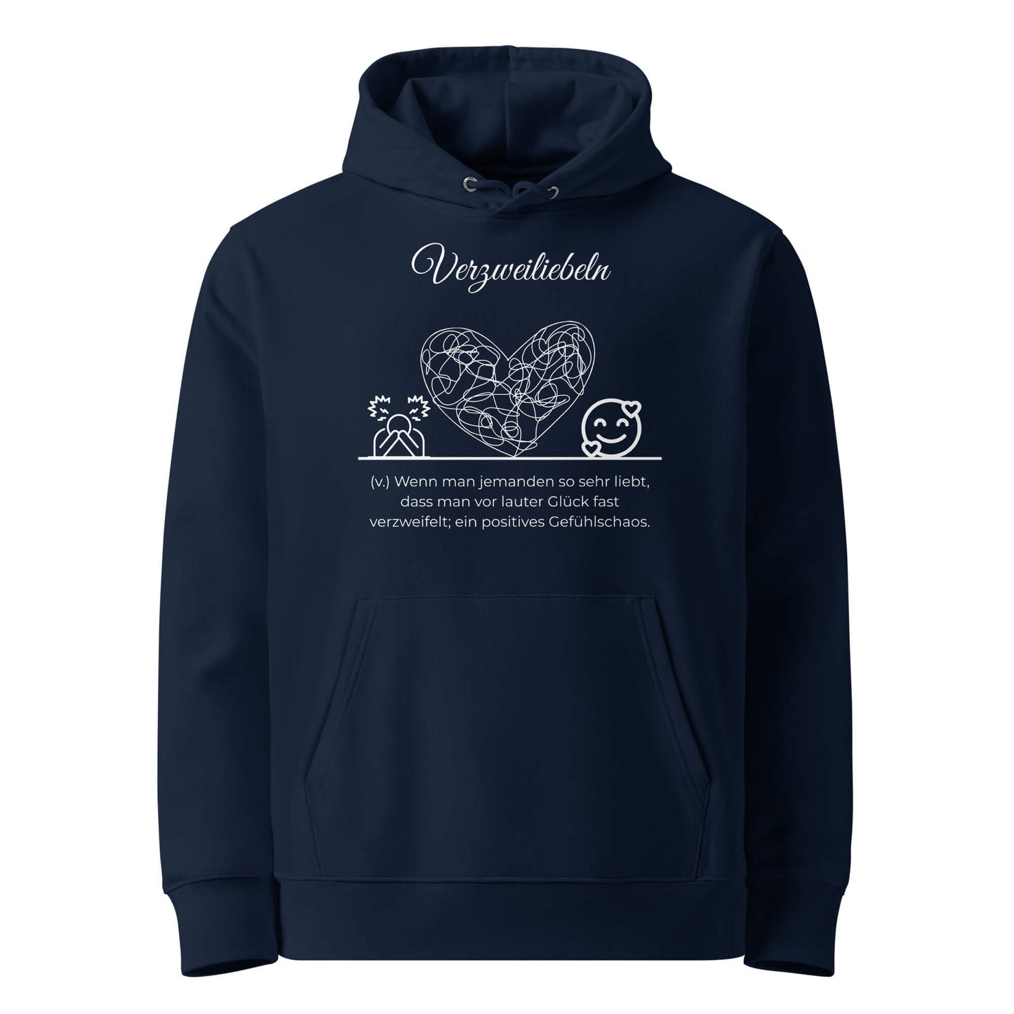 Hoodie mit Spruch - Verzweiliebeln Kapuzenpullover in Marineblau aus Bio-Baumwolle - Premium Edition - Frontansicht mit weißem Print