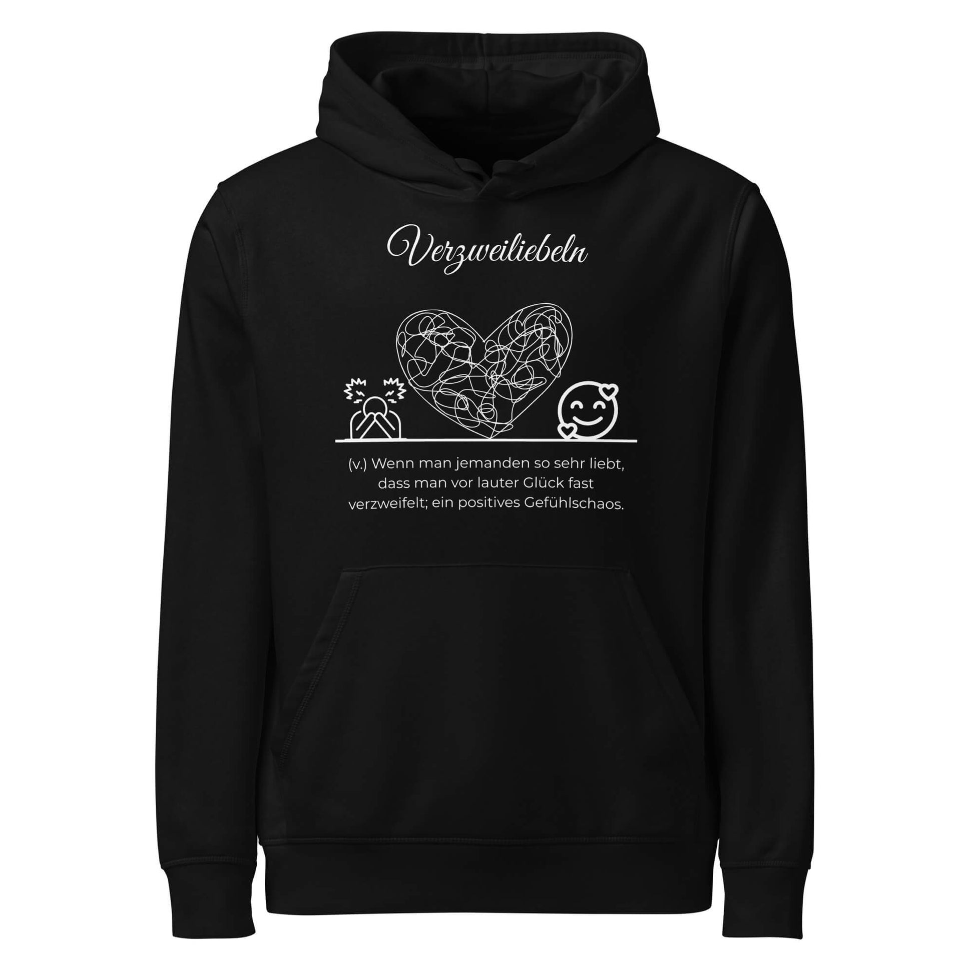 Hoodie mit Spruch - Verzweiliebeln Kapuzenpullover in Schwarz aus Bio-Baumwolle - Res5 Edition - Frontansicht mit weißem Print