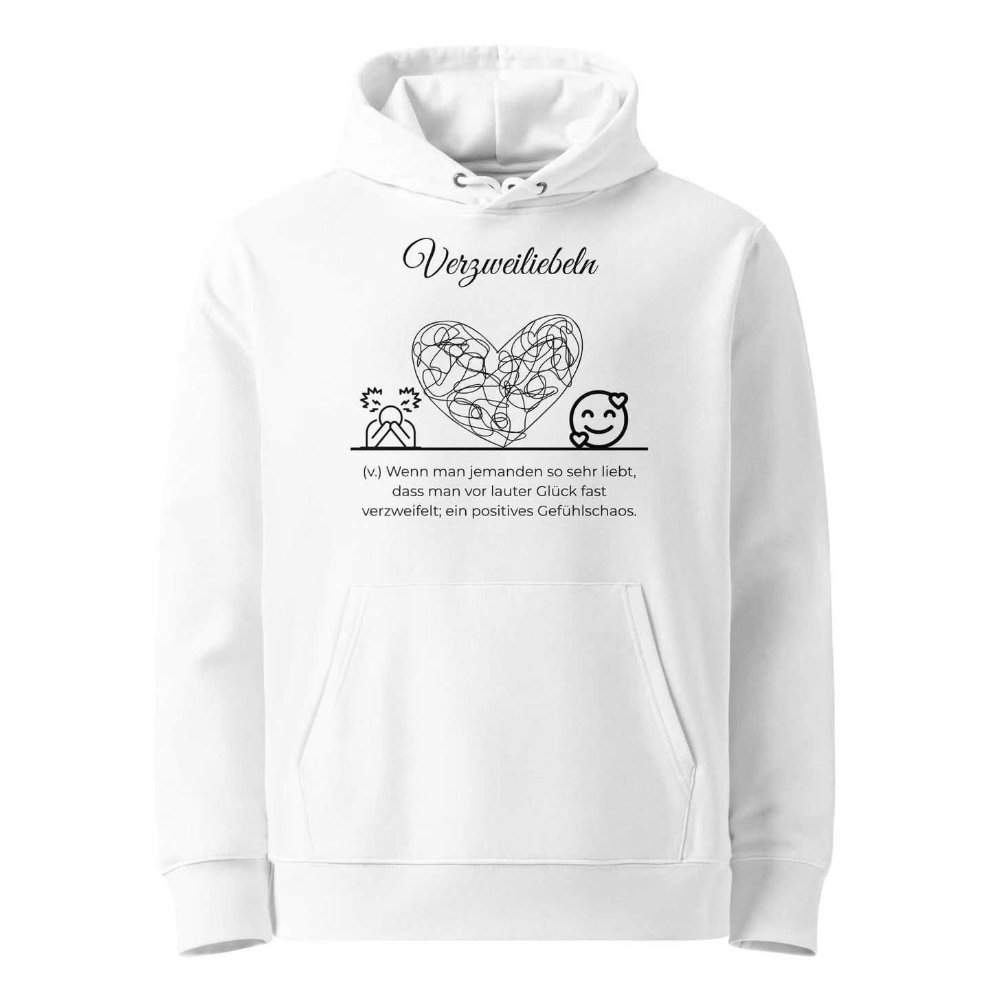 Hoodie mit Spruch - Verzweiliebeln Kapuzenpullover in Weiß aus Bio-Baumwolle - Premium Edition - Frontansicht mit schwarzem Print
