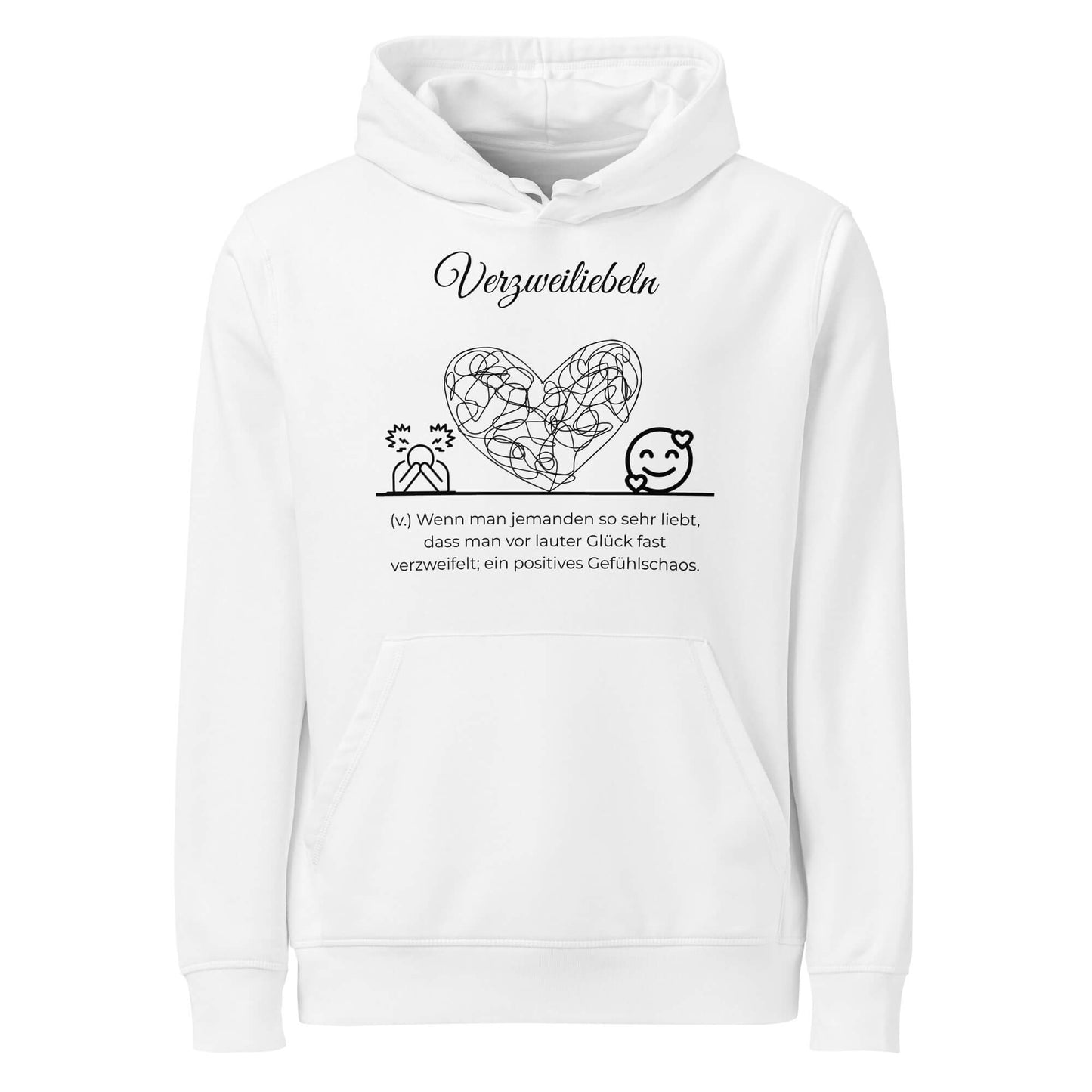 Hoodie mit Spruch - Verzweiliebeln Kapuzenpullover in Weiß aus Bio-Baumwolle - Res5 Edition - Frontansicht mit schwarzem Print