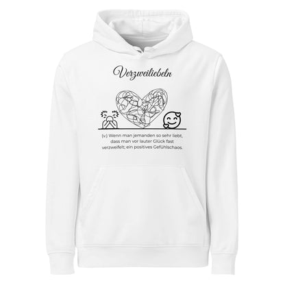 Hoodie mit Spruch - Verzweiliebeln Kapuzenpullover in Weiß aus Bio-Baumwolle - Res5 Edition - Frontansicht mit schwarzem Print