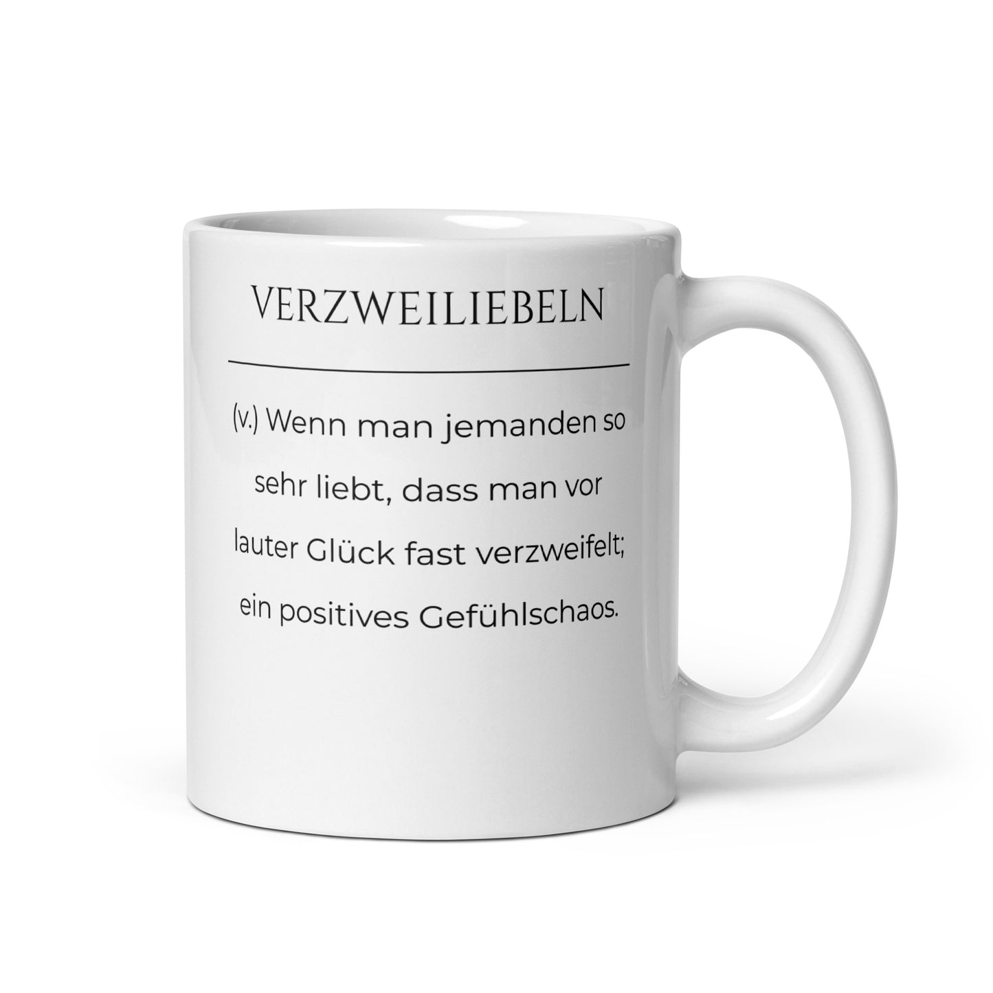 Verzweiliebeln Keramiktasse in Weiß - neues Wort für positives Gefühlschaos - Front mit Henkel rechts - Wortstolz Design