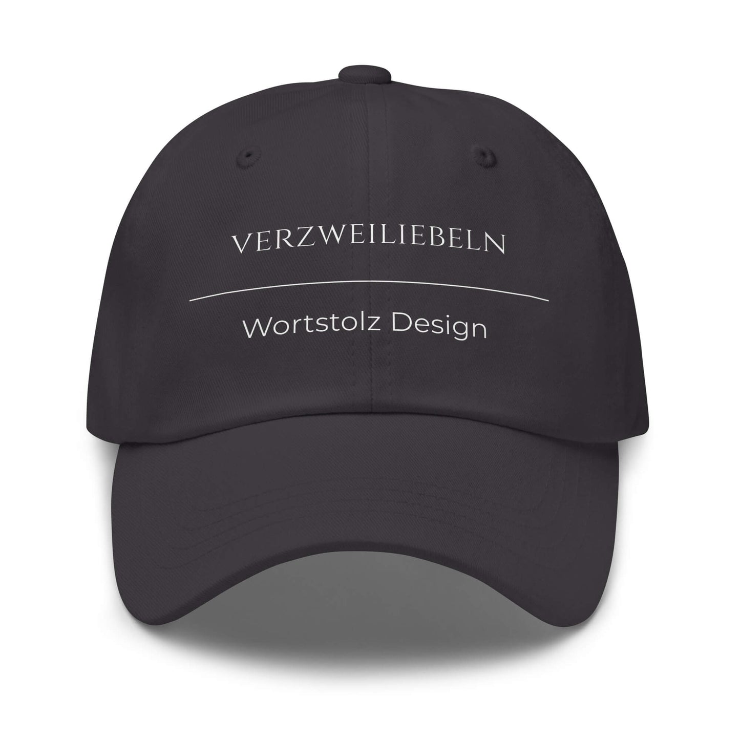 Verzweiliebeln Premium Dad Cap in Grau aus Chino-Baumwoll-Twill - neues Wort für positives Gefühlschaos - Front - Wortstolz Design