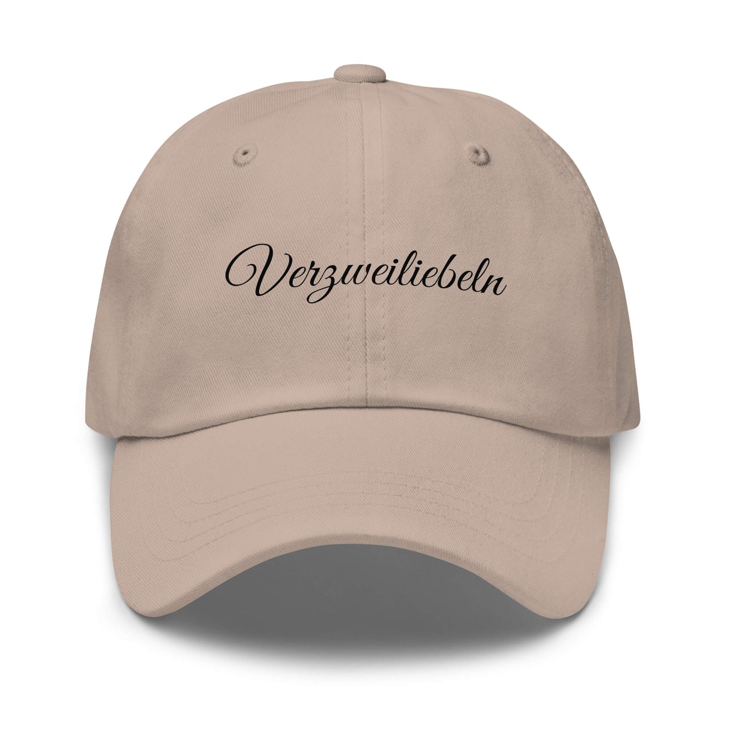 Verzweiliebeln Premium Dad Cap in Stone aus Chino-Baumwoll-Twill - neues Wort für positives Gefühlschaos - Front - Wortstolz Design