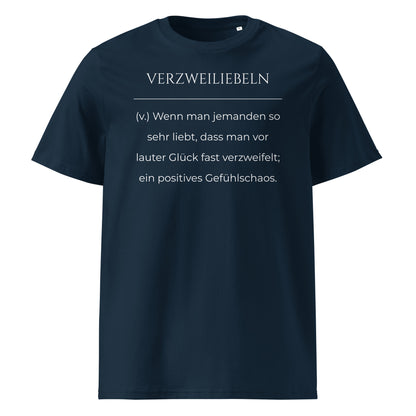 Verzweiliebeln Premium T-Shirt in Marineblau aus Bio-Baumwolle - neues Wort für positives Gefühlschaos - Front - Wortstolz Design