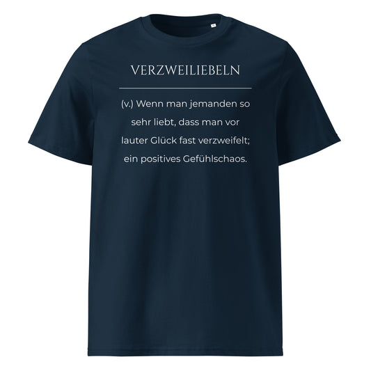 Verzweiliebeln Premium T-Shirt in Marineblau aus Bio-Baumwolle - neues Wort für positives Gefühlschaos - Front - Wortstolz Design
