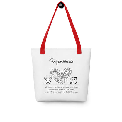 Verzweiliebeln - Stofftasche in Red -White aus Polyester und Baumwolle - Premium Edition - Frontansicht hängend mit schwarzem Print