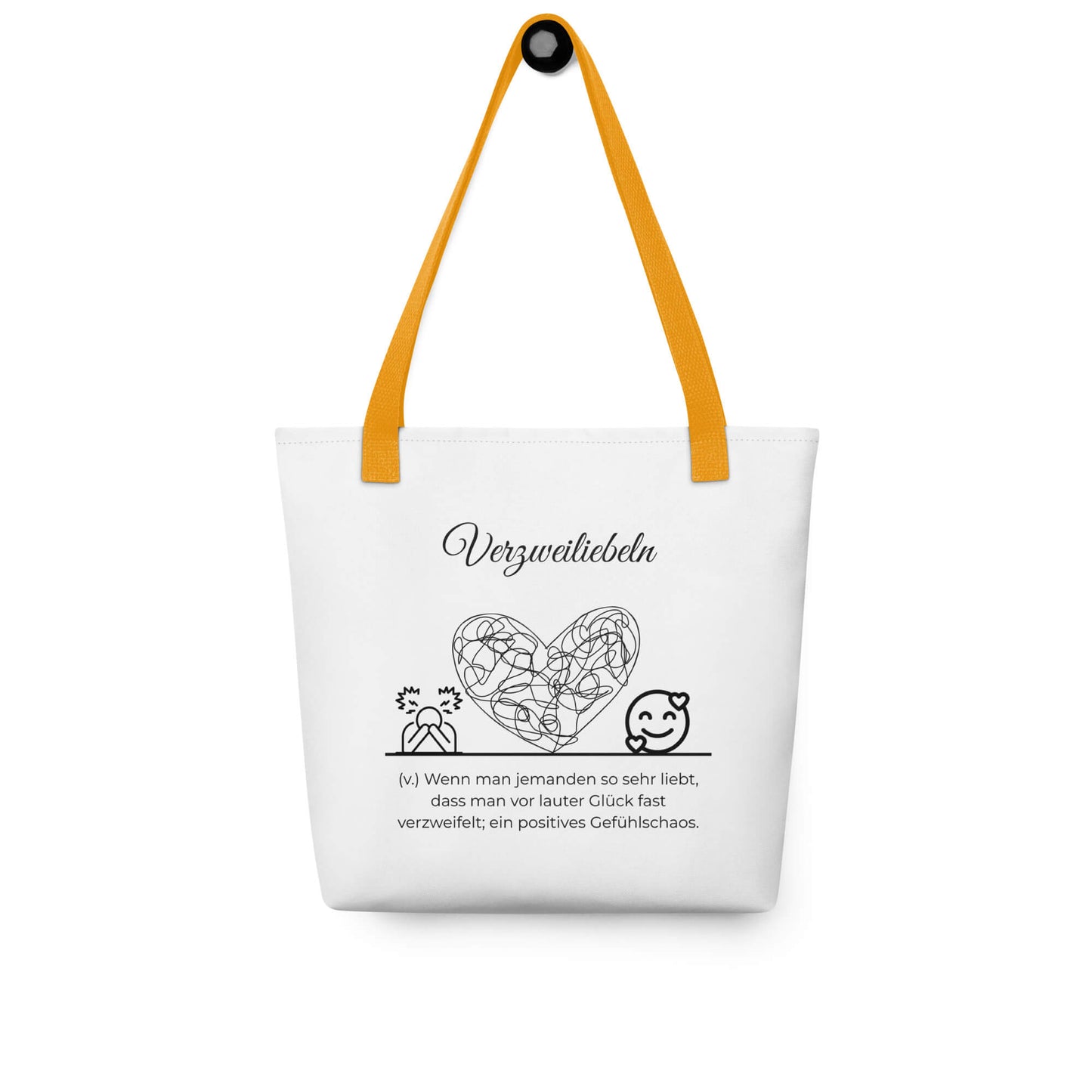 Verzweiliebeln - Stofftasche in Yellow -White aus Polyester und Baumwolle - Premium Edition - Frontansicht hängend mit schwarzem Print