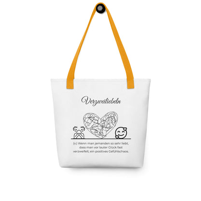 Verzweiliebeln - Stofftasche in Yellow -White aus Polyester und Baumwolle - Premium Edition - Frontansicht hängend mit schwarzem Print