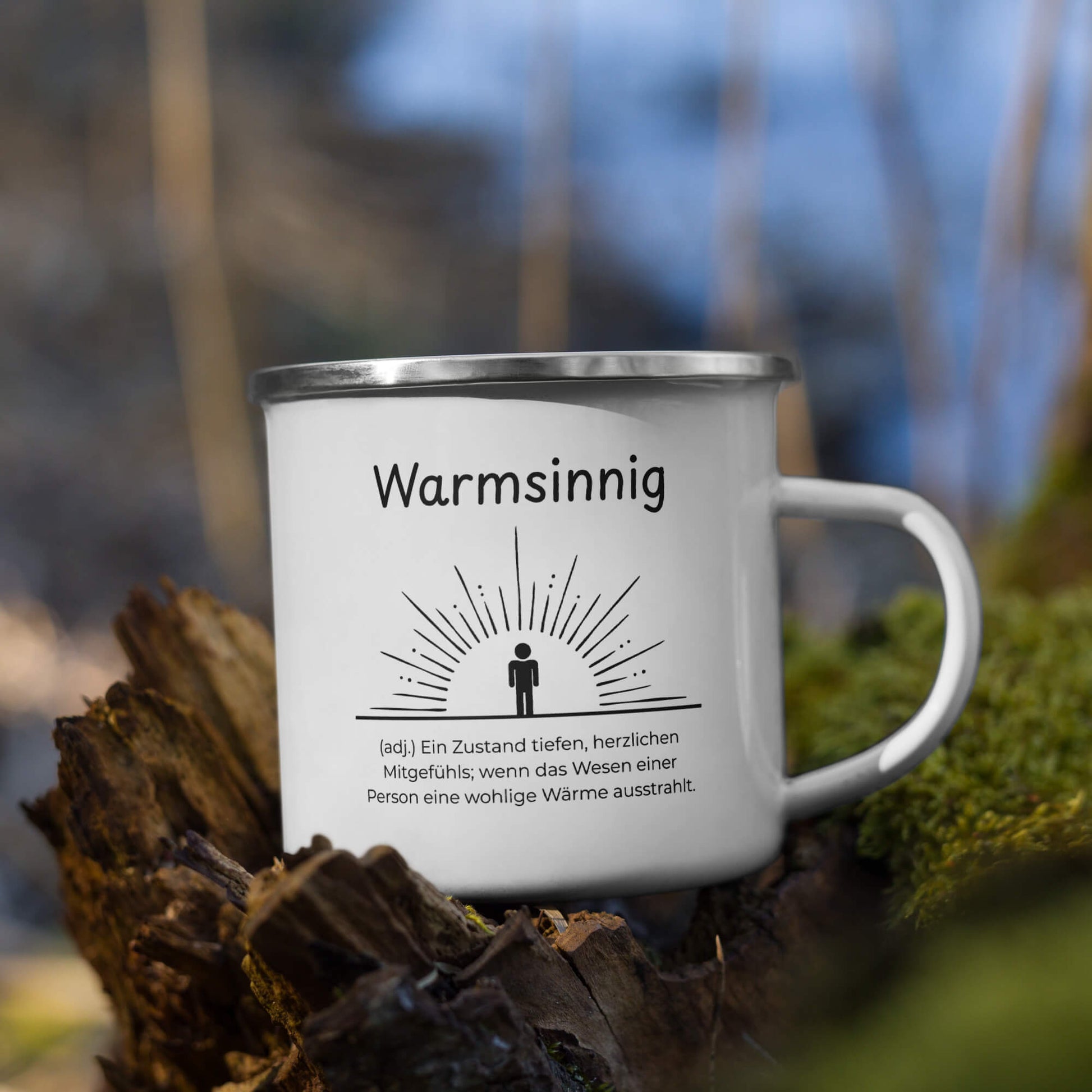 Warmsinnig Emailletasse in Weiß - neues Wort für wohlige Wärme - Front mit Henkel rechts - Natur Baum - Wortstolz Design
