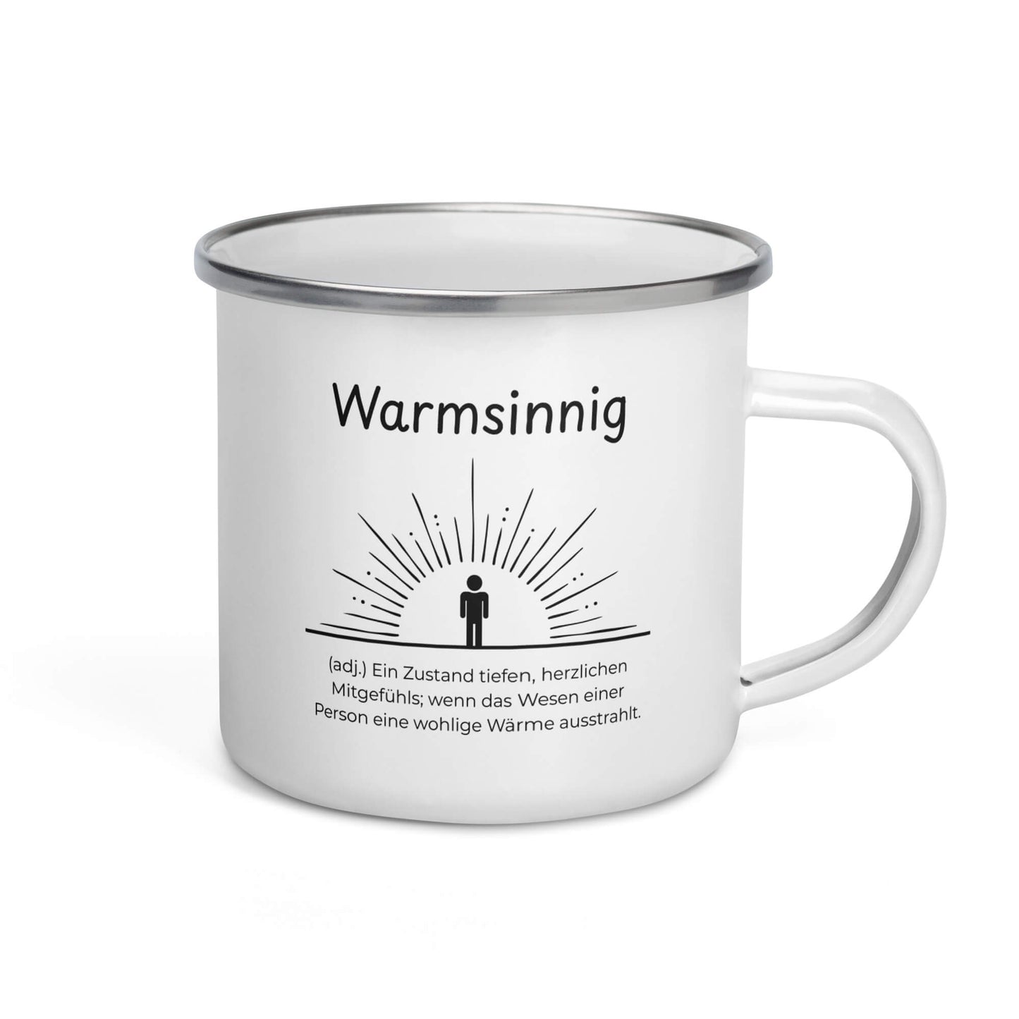 Warmsinnig Emailletasse in Weiß - neues Wort für wohlige Wärme - Front mit Henkel rechts - Wortstolz Design