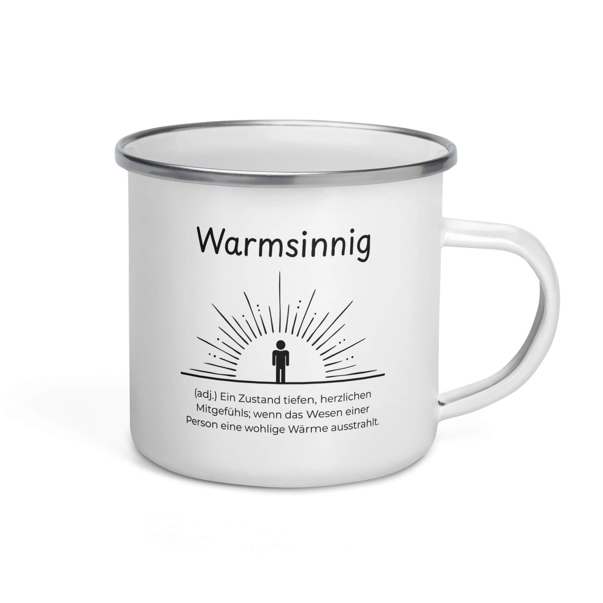 Warmsinnig Emailletasse in Weiß - neues Wort für wohlige Wärme - Front mit Henkel rechts - Wortstolz Design