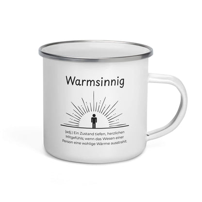 Warmsinnig Emailletasse in Weiß - neues Wort für wohlige Wärme - Front mit Henkel rechts - Wortstolz Design