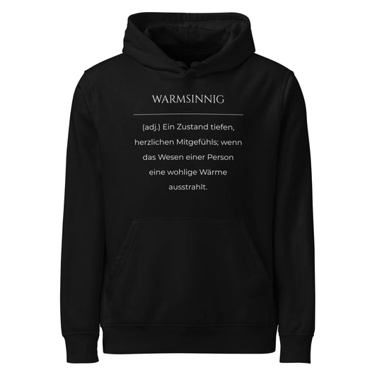 Hoodie mit Spruch - Warmsinnig Kapuzenpullover in Schwarz aus Bio-Baumwolle - Res5 Edition - Frontansicht mit weißem Print