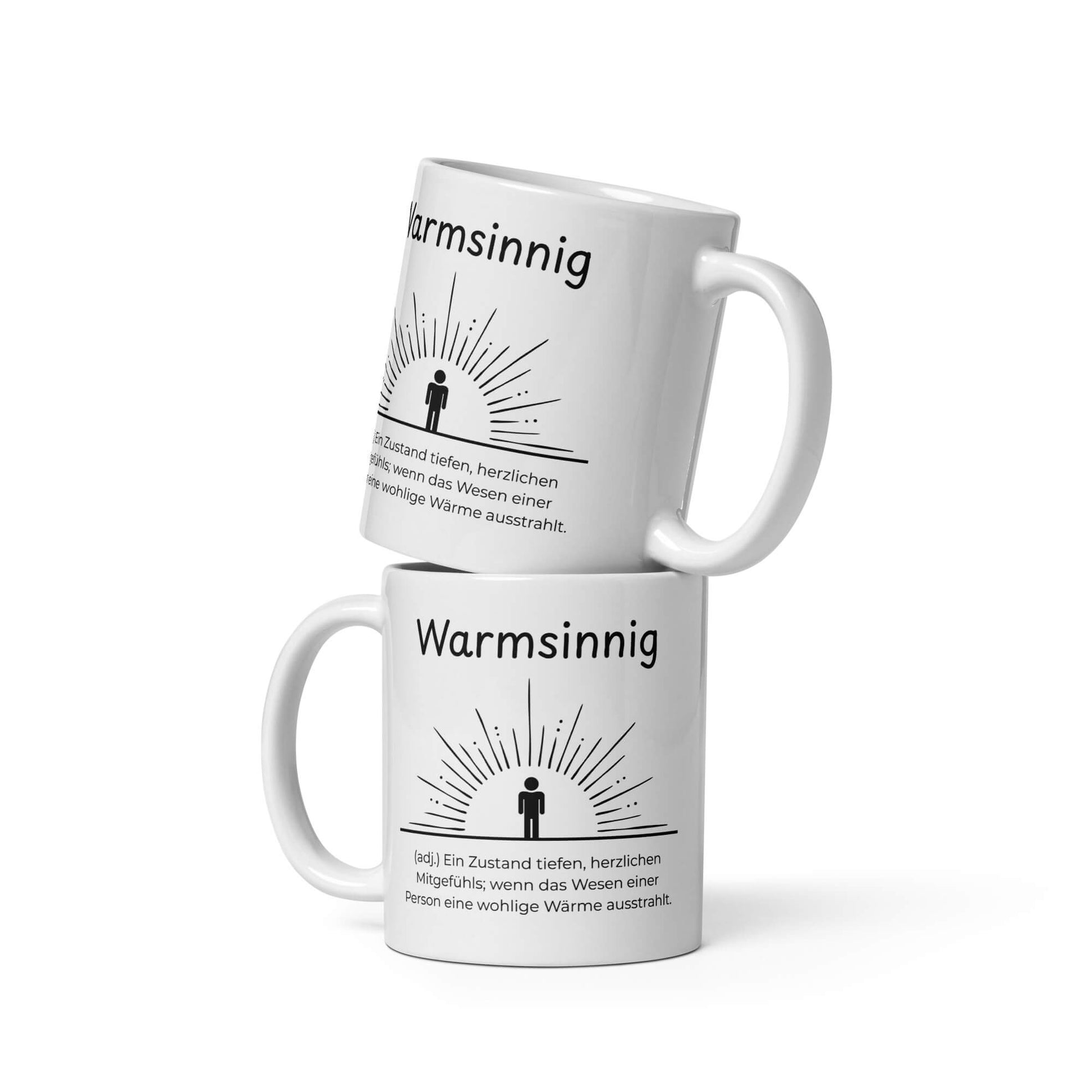 Warmsinnig Keramiktasse in Weiß - neues Wort für wohlige Wärme - Zwei Tassen übereinander - Frontansicht mit Henkel links und rechts - Wortstolz Design