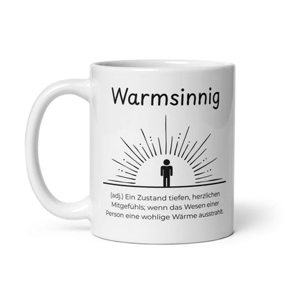 Warmsinnig Keramiktasse in Weiß - neues Wort für wohlige Wärme - Front mit Henkel links - Wortstolz Design
