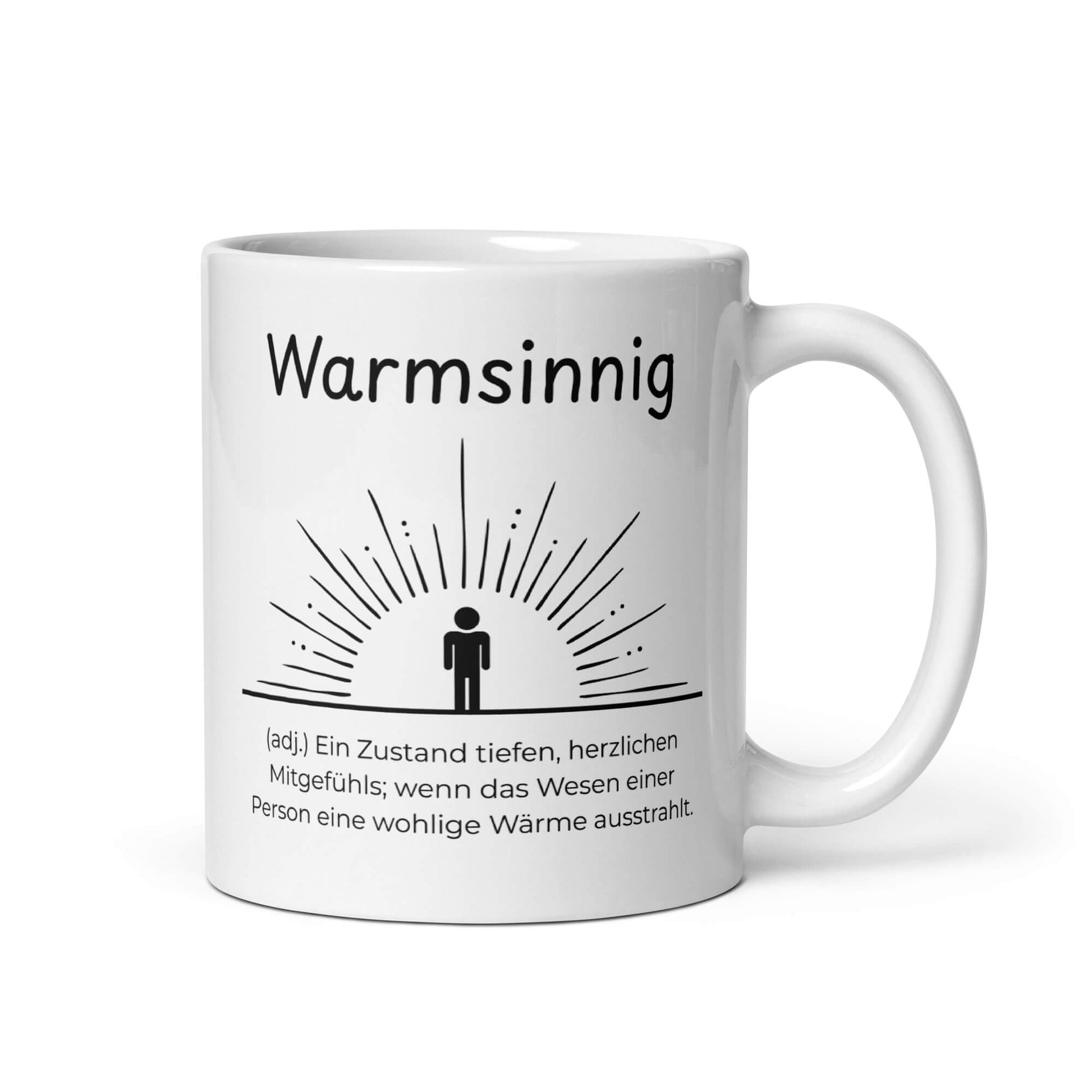 Warmsinnig Keramiktasse in Weiß - neues Wort für wohlige Wärme - Front mit Henkel rechts - Wortstolz Design
