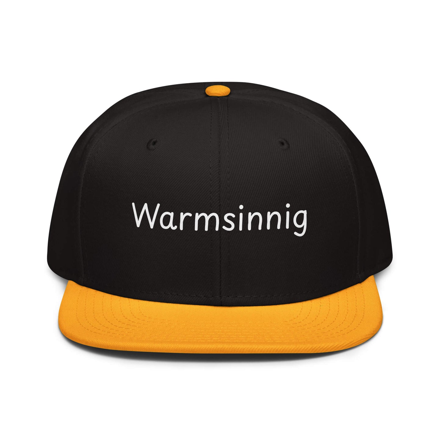 Warmsinnig Snapback Cap in Schwarz - Gold aus Acryl-Woll-Mix - neues Wort für wohlige Wärme - Front - Wortstolz Design