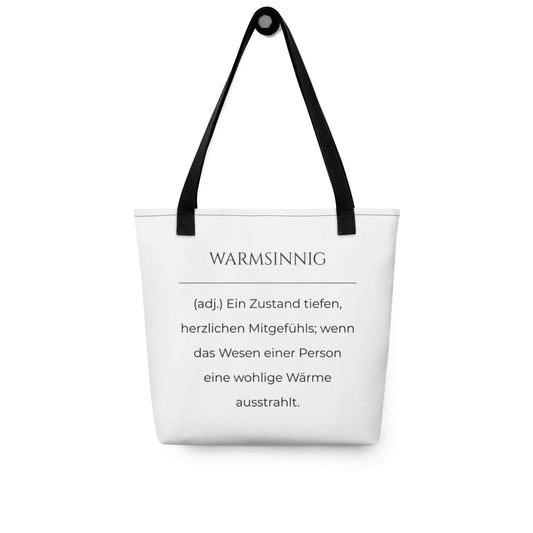 Warmsinnig - Stofftasche in Black -White aus Polyester und Baumwolle - Premium Edition - Frontansicht hängend mit schwarzem Print