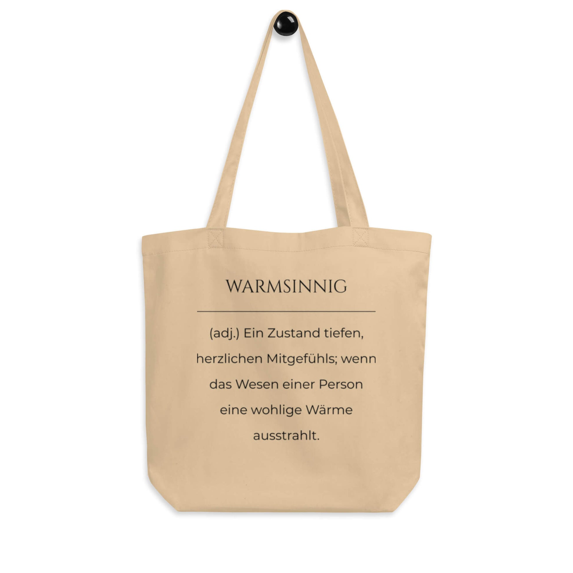 Warmsinnig Bio-Stoffbeutel. Einkaufstasche in Oyster aus Bio-Baumwolle - Res5 Edition - Frontansicht hängend mit schwarzem Print