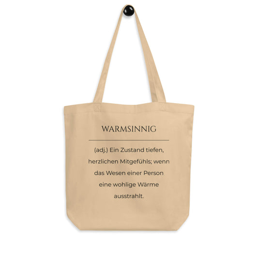 Warmsinnig Bio-Stoffbeutel. Einkaufstasche in Oyster aus Bio-Baumwolle - Res5 Edition - Frontansicht hängend mit schwarzem Print