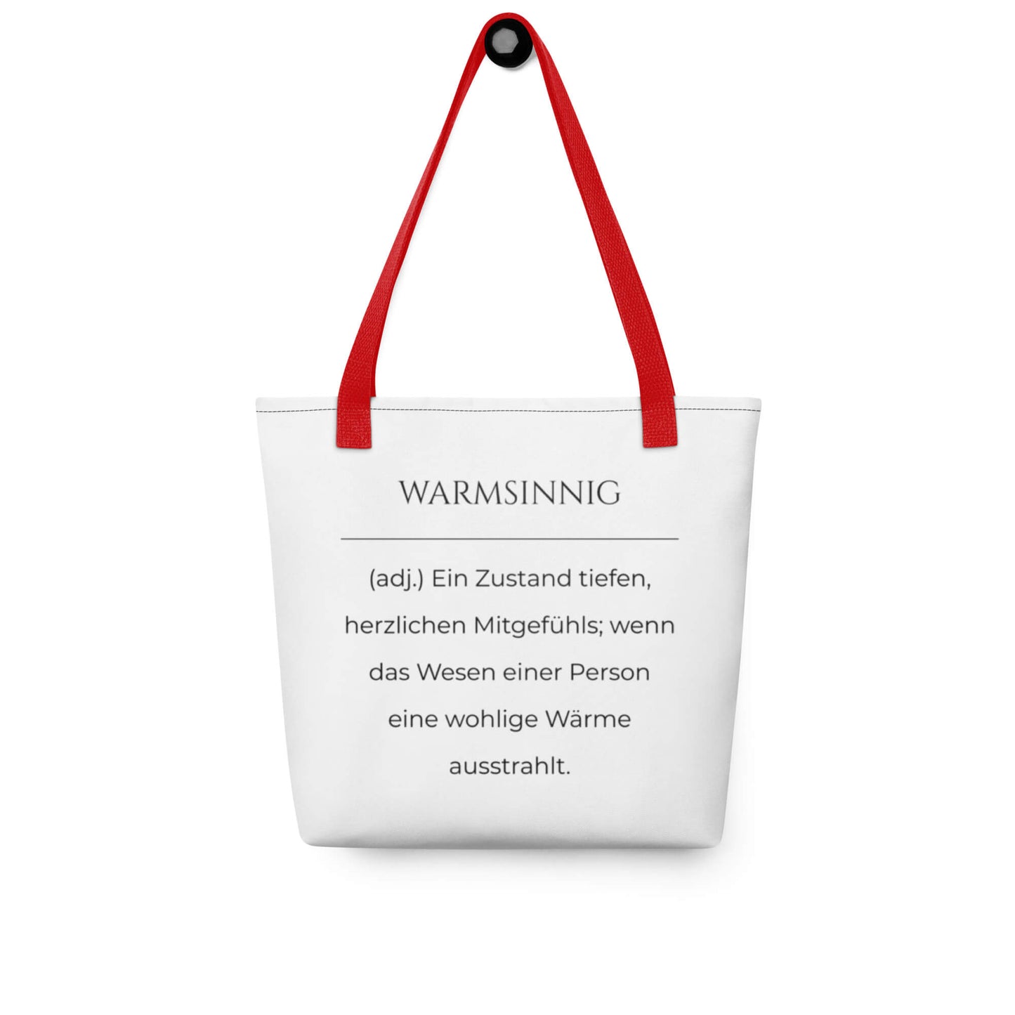 Warmsinnig - Stofftasche in Red -White aus Polyester und Baumwolle - Premium Edition - Frontansicht hängend mit schwarzem Print
