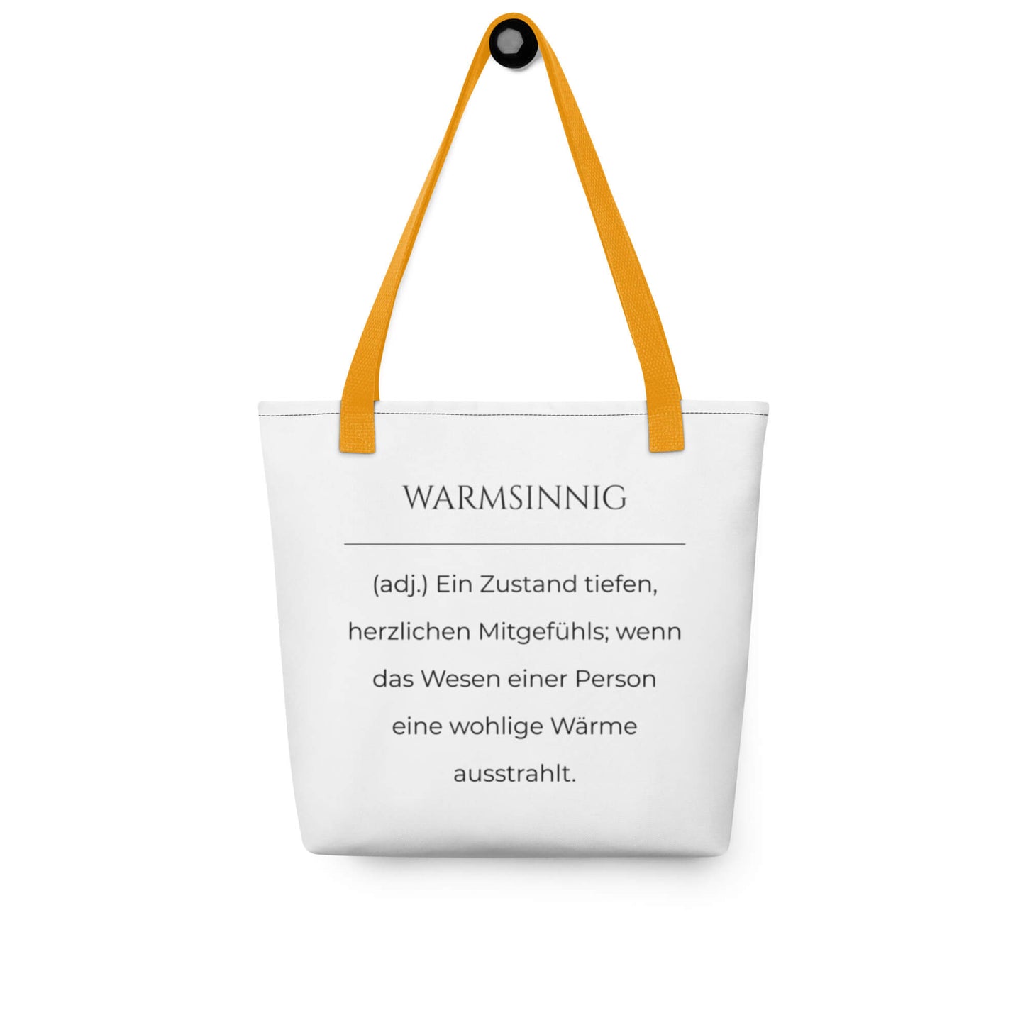 Warmsinnig - Stofftasche in Yellow -White aus Polyester und Baumwolle - Premium Edition - Frontansicht hängend mit schwarzem Print