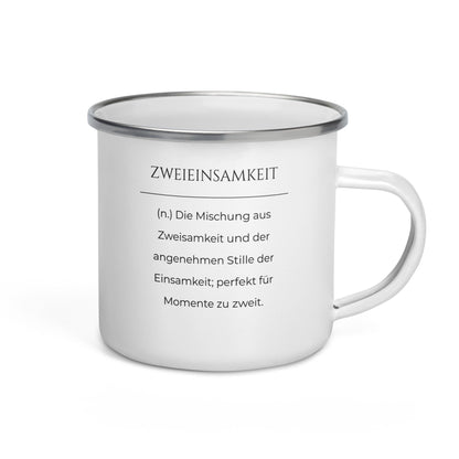 Zweieinsamkeit Emailletasse in Weiß - neues Wort für perfekte Momente zu zweit - Front mit Henkel rechts - Wortstolz Design