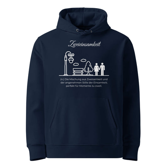 Hoodie mit Spruch - Zweieinsamkeit Kapuzenpullover in Marineblau aus Bio-Baumwolle - Premium Edition - Frontansicht mit weißem Print