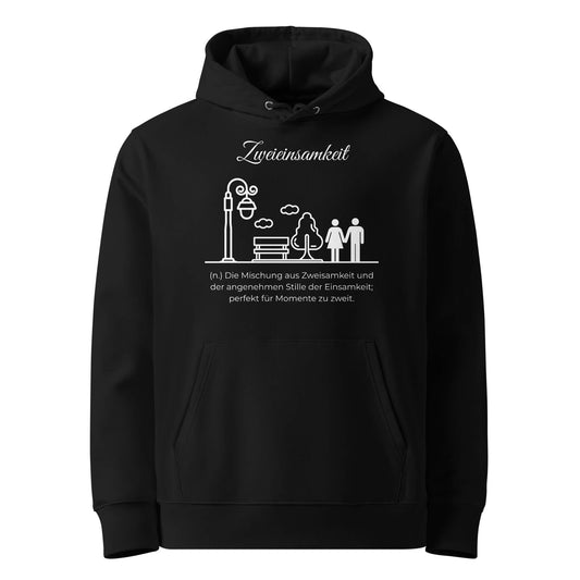 Hoodie mit Spruch - Zweieinsamkeit Kapuzenpullover in Schwarz aus Bio-Baumwolle - Premium Edition - Frontansicht mit weißem Print