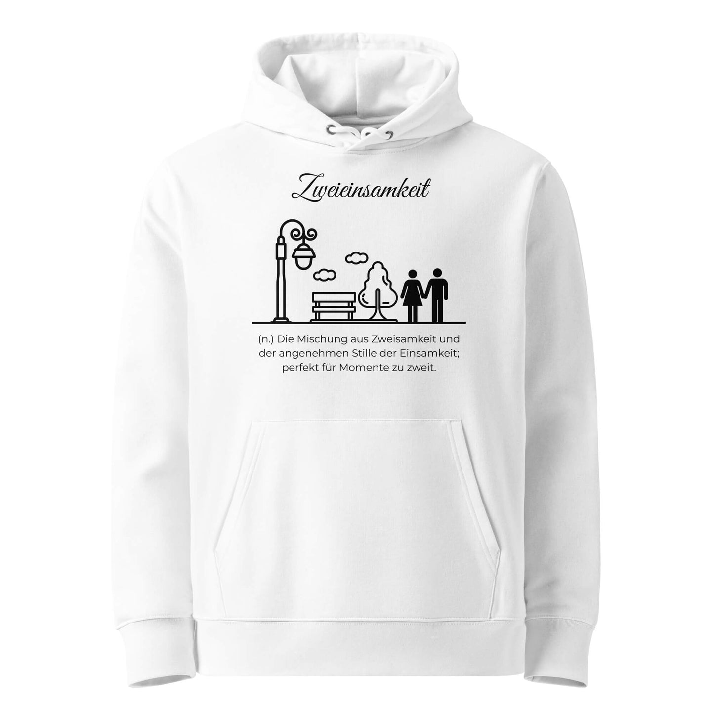 Hoodie mit Spruch - Zweieinsamkeit Kapuzenpullover in Weiß aus Bio-Baumwolle - Premium Edition - Frontansicht mit schwarzem Print