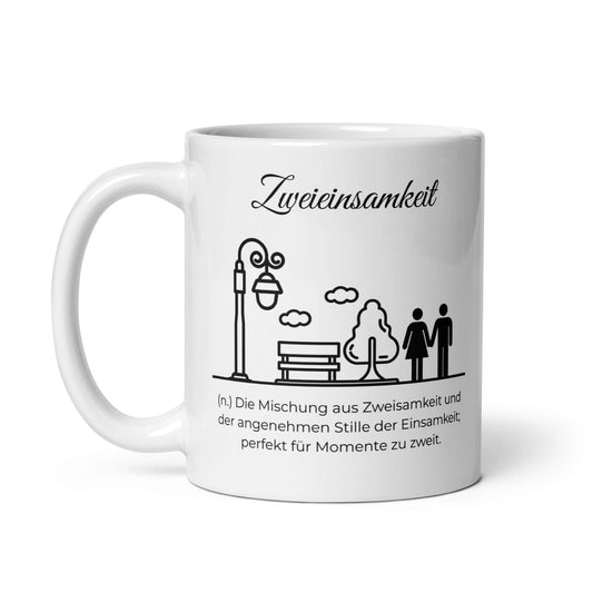Zweieinsamkeit Keramiktasse in Weiß - neues Wort für perfekte Momente zu zweit - Front mit Henkel links - Wortstolz Design