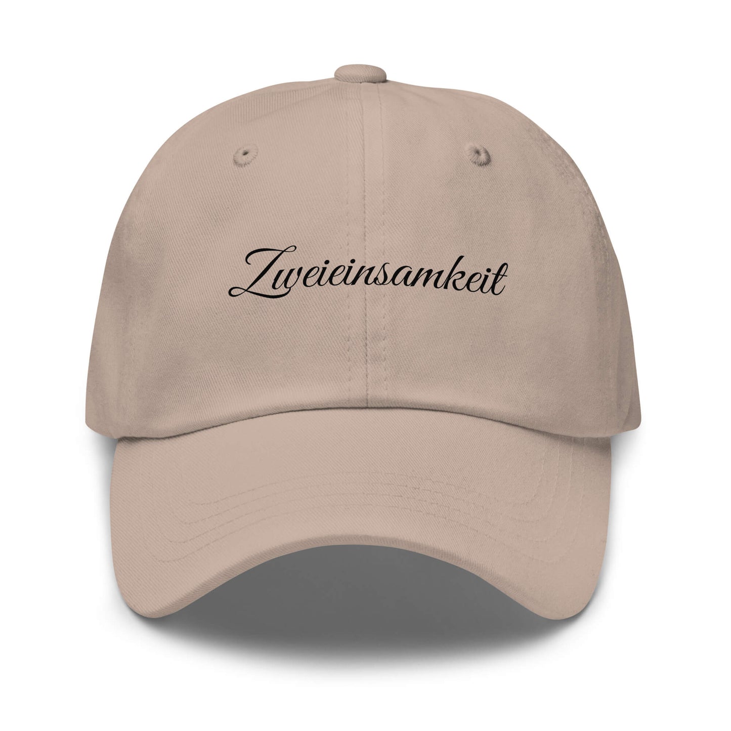 Zweieinsamkeit Premium Dad Cap in Stone aus Chino-Baumwoll-Twill - neues Wort für perfekte Momente zu zweit - Front - Wortstolz Design