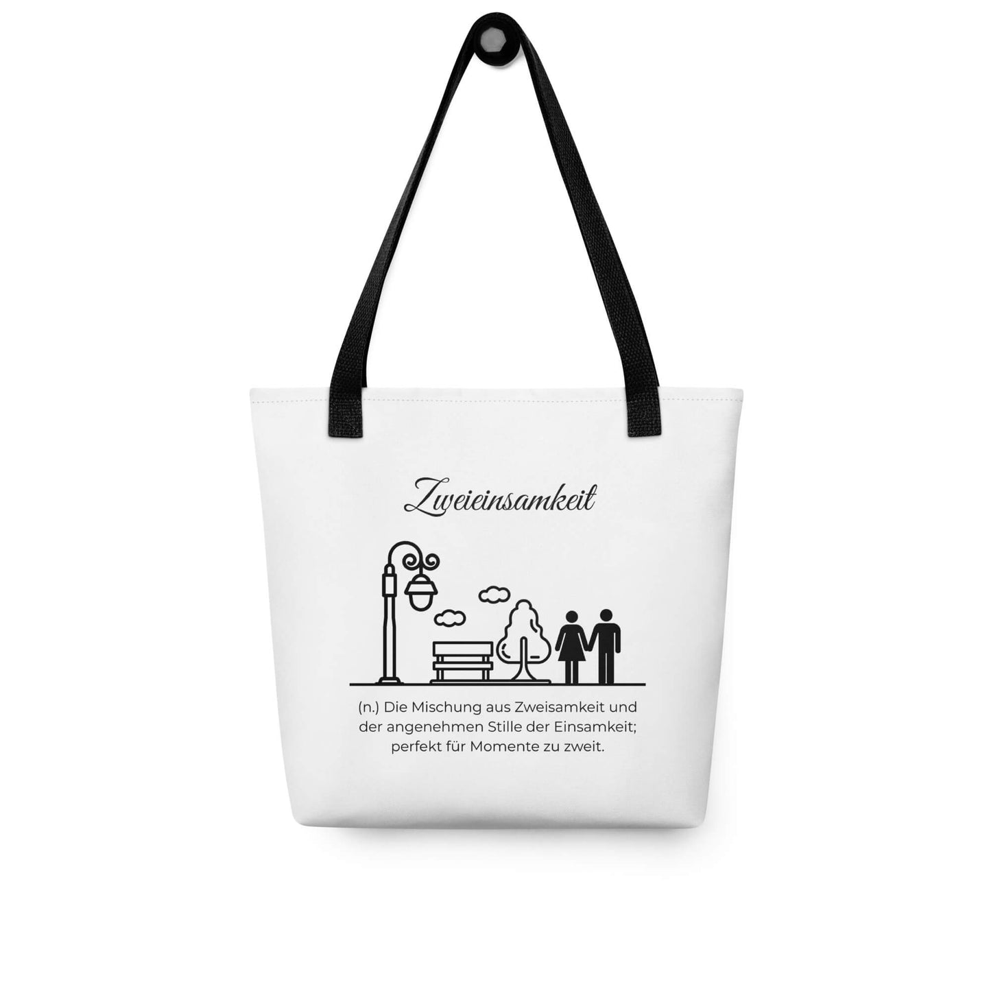 Zweieinsamkeit - Stofftasche in Black -White aus Polyester und Baumwolle - Premium Edition - Frontansicht hängend mit schwarzem Print