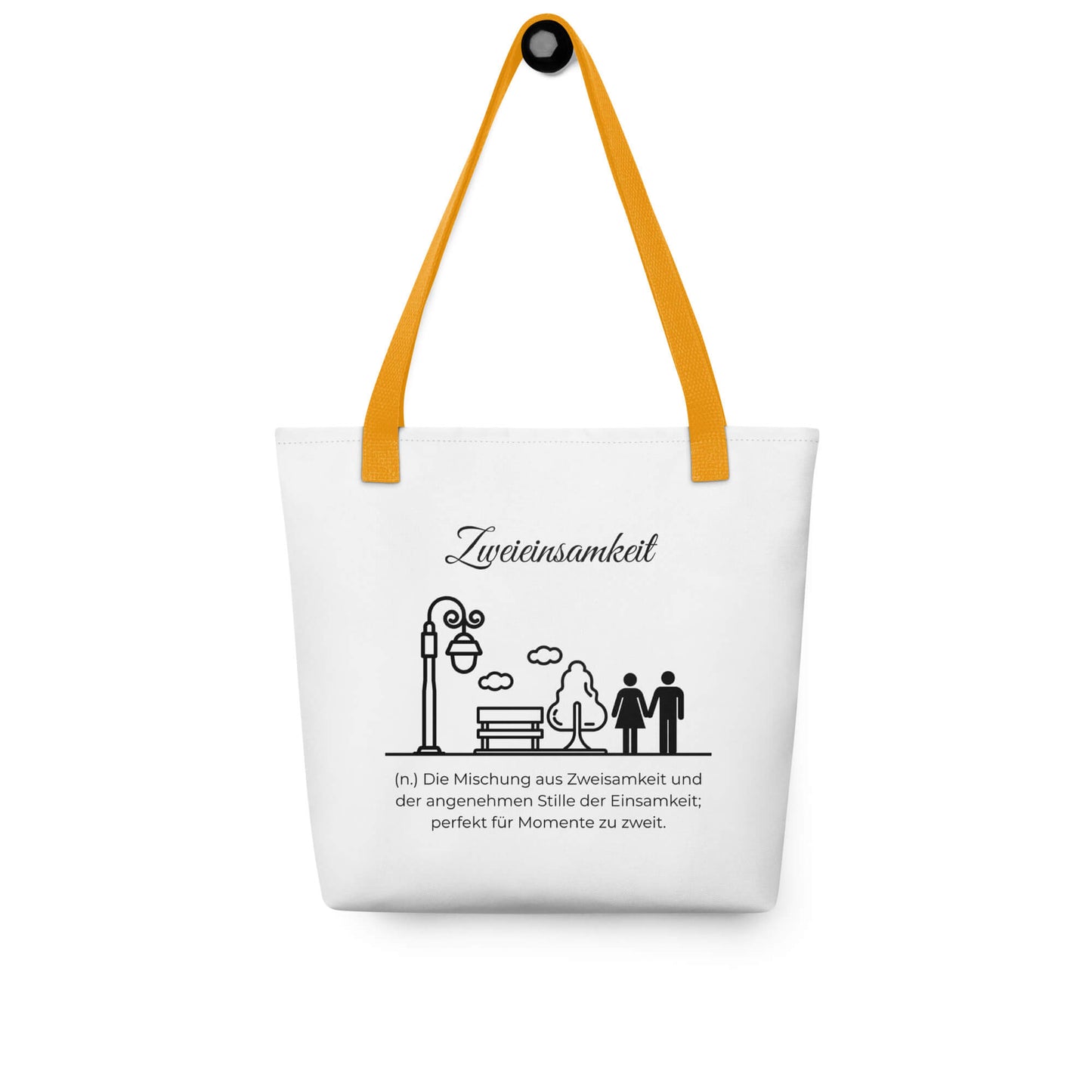 Zweieinsamkeit - Stofftasche in Yellow -White aus Polyester und Baumwolle - Premium Edition - Frontansicht hängend mit schwarzem Print